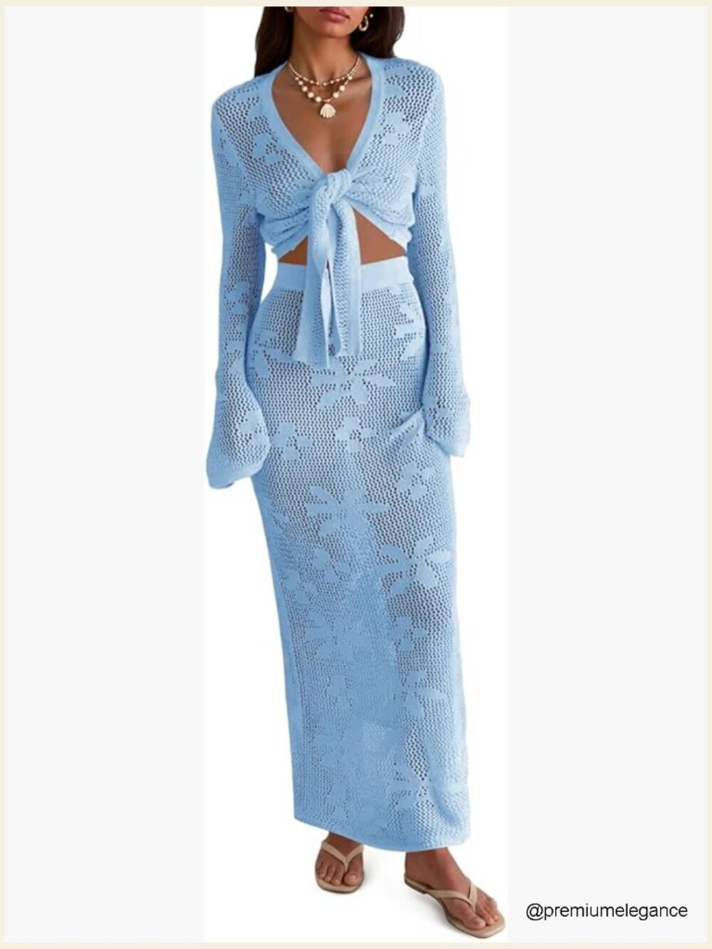 Crochet 2 Piece Swim Cover Up Set Long Sleeve Crop Top Maxi